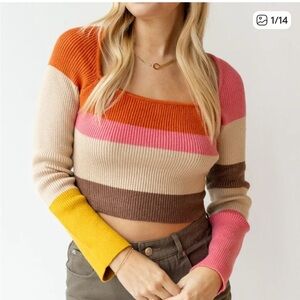 Le Lis Striped Ribbed Scoop Neck Sweater in Pink, Yellow, Brown & Cream